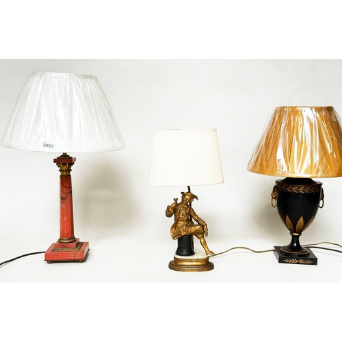 547 - TABLE LAMPS, including mid 20th century French gilt metal and marble, with 18th century gentleman fi... 