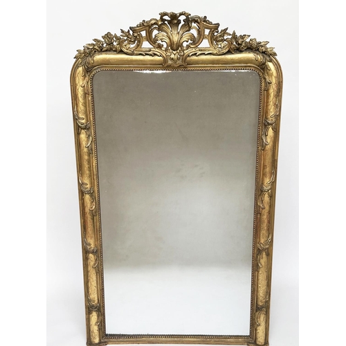 585 - WALL MIRROR, mid 19th century French giltwood and gesso moulded, with beaded and incised frame and '... 