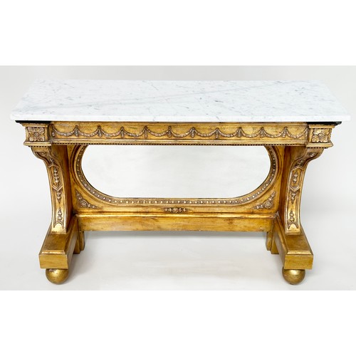 587 - CONSOLE TABLE, Empire style giltwood and gesso with marble top, mirror back and swag frieze, 36cm D ... 