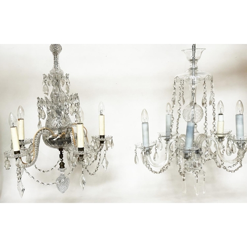 592 - CHANDELIERS, two early/mid 20th century etched and incised glass with five branch candelabra and cut... 