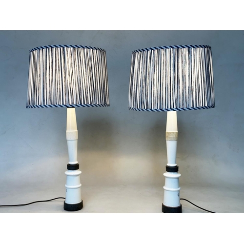 594 - TABLE LAMPS, a pair, mid 20th century Portuguese white ceramic 'pylon' lamps, with shades, 90cm H. (... 