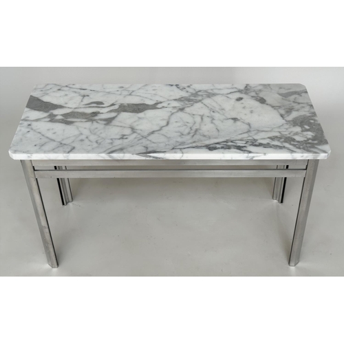 605 - LOW TABLE, Italian style rectangular canted corner Arabescato marble top on polished metal support, ... 