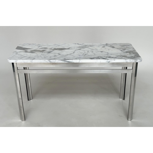 605 - LOW TABLE, Italian style rectangular canted corner Arabescato marble top on polished metal support, ... 