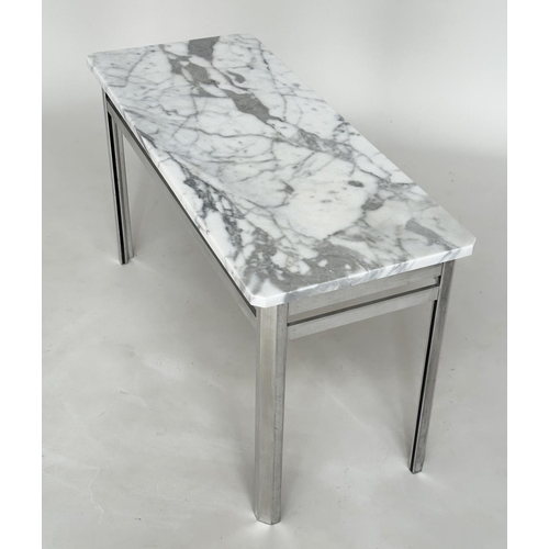 605 - LOW TABLE, Italian style rectangular canted corner Arabescato marble top on polished metal support, ... 