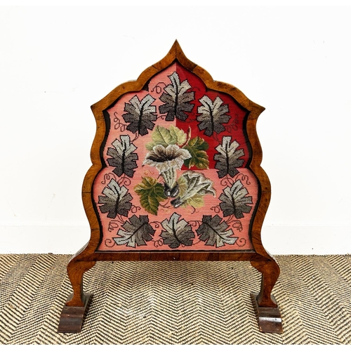 160 - FIRESCREEN, 19th century shaped walnut frame with glass beadwork panel, 75cm H x 60cm W x 18.5cm D.