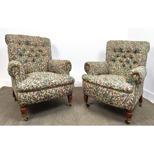 269 - HOWARD STYLE ARMCHAIRS, a pair, late Victorian oak in foliate upholstery with ceramic castors, 87cm ... 