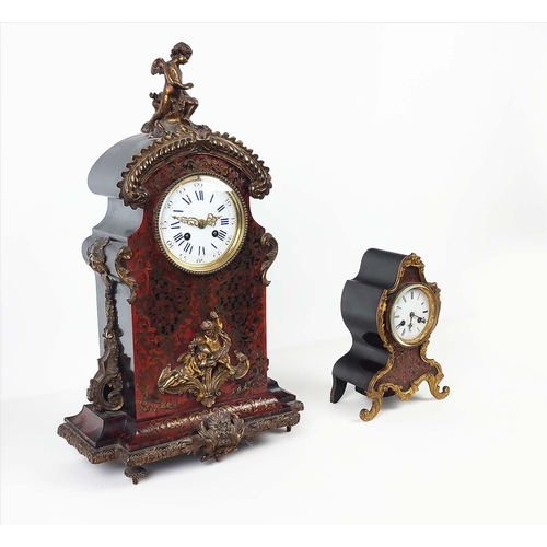 1 - BOULLE MANTLE CLOCK, 19th century French Leroy, with gilt metal mounts enamel face and figural mount... 