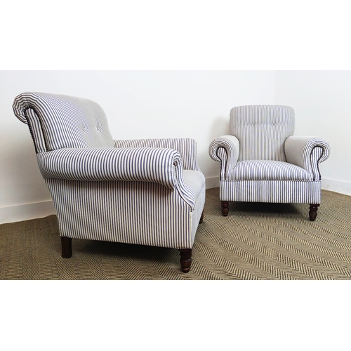 125 - ARMCHAIRS, a pair, Victorian, newly upholstered in blue ticking, 85cm W x 86cm H.