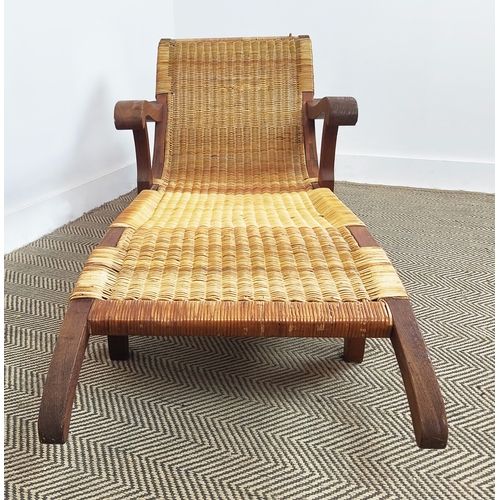 155 - LOUNGER, bears plaque 'Dryad', hardwood and caned, 178L x 61cm W.