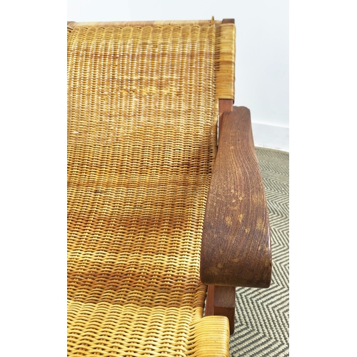 155 - LOUNGER, bears plaque 'Dryad', hardwood and caned, 178L x 61cm W.