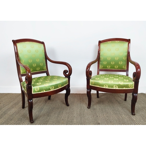 157 - FAUTEUILS, a pair, Charles X mahogany showframes and green upholstery with laurel and bee embroidere... 