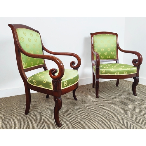 157 - FAUTEUILS, a pair, Charles X mahogany showframes and green upholstery with laurel and bee embroidere... 