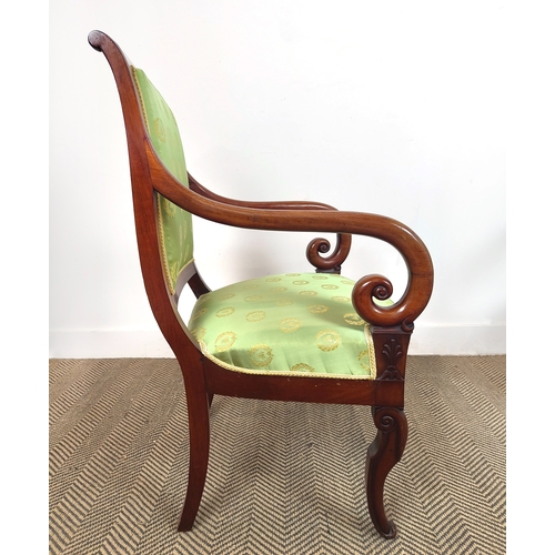 157 - FAUTEUILS, a pair, Charles X mahogany showframes and green upholstery with laurel and bee embroidere... 