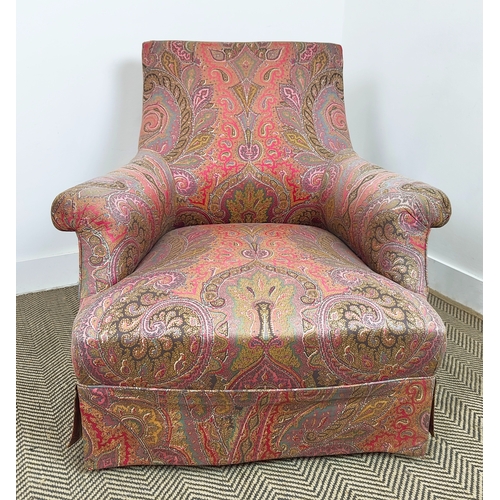 193 - ARMCHAIR, late 19th century French with paisley upholstery on turned ebonised supports, 83cm H x 88c... 