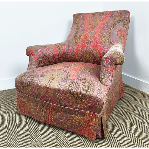 193 - ARMCHAIR, late 19th century French with paisley upholstery on turned ebonised supports, 83cm H x 88c... 