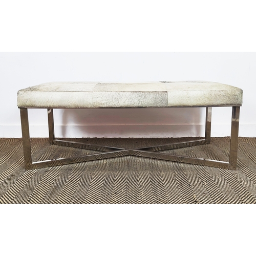 198 - FOOTSTOOL, hide upholstered on chrome supports, 51c m H x 132cm x 47cm.