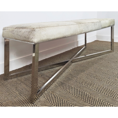 198 - FOOTSTOOL, hide upholstered on chrome supports, 51c m H x 132cm x 47cm.