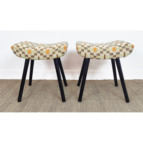 261 - STOOLS, a pair, vintage ebonised with geometric upholstery, 54cm H x 48cm W x 35cm D. (2)