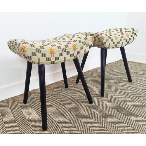 261 - STOOLS, a pair, vintage ebonised with geometric upholstery, 54cm H x 48cm W x 35cm D. (2)