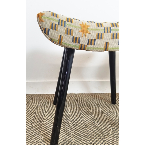 261 - STOOLS, a pair, vintage ebonised with geometric upholstery, 54cm H x 48cm W x 35cm D. (2)