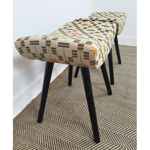 261 - STOOLS, a pair, vintage ebonised with geometric upholstery, 54cm H x 48cm W x 35cm D. (2)