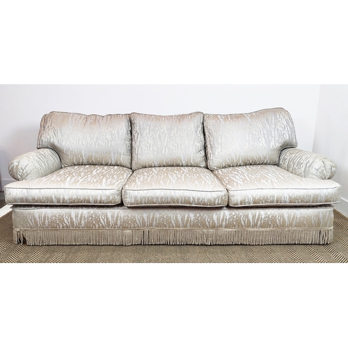 305 - KINGCOME SOFA, three seater, in silvered upholstery, 90cm H x 220cm W x 100cm D.