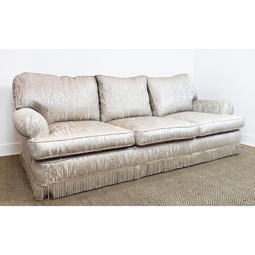 305 - KINGCOME SOFA, three seater, in silvered upholstery, 90cm H x 220cm W x 100cm D.