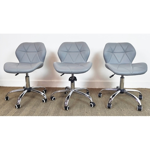 306 - DESK CHAIRS, a set of three, with stitched grey leather upholstery, 80cm H x 48cm W x 53cm D. (3)