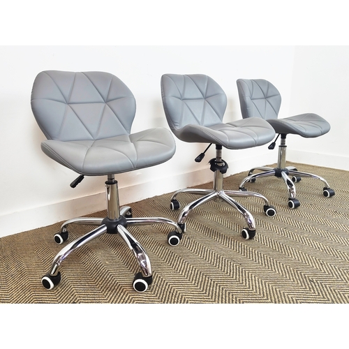 306 - DESK CHAIRS, a set of three, with stitched grey leather upholstery, 80cm H x 48cm W x 53cm D. (3)