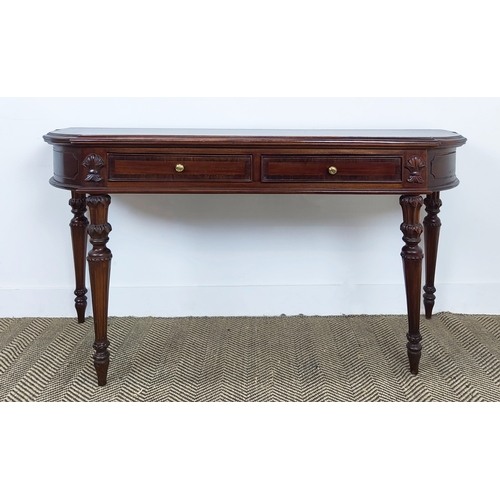 339 - HALL TABLE, with two drawers on fluted supports, 76cm H x 137cm x 46cm.