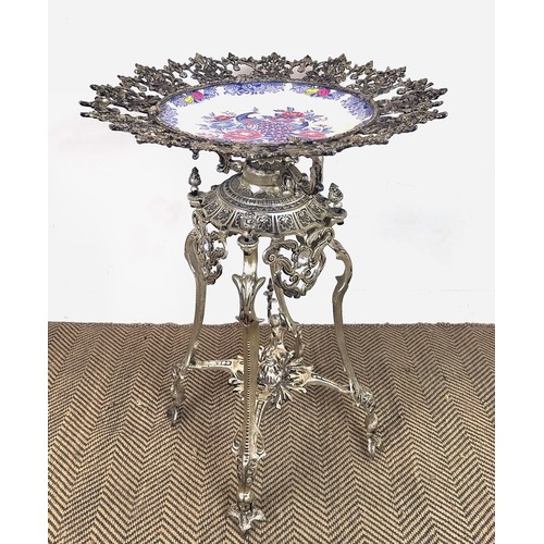 267 - CENTRE TABLE, Continental style cast metal and ceramic with peacock dish top, 86cm H x 67cm D.