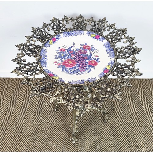 267 - CENTRE TABLE, Continental style cast metal and ceramic with peacock dish top, 86cm H x 67cm D.