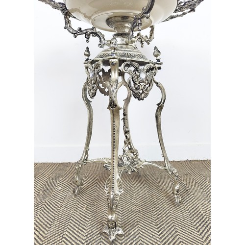 267 - CENTRE TABLE, Continental style cast metal and ceramic with peacock dish top, 86cm H x 67cm D.