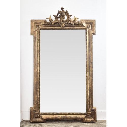 124 - WALL MIRROR, late 19th century French giltwood and gesso, shaped frame with cherub and bird crest, 1... 