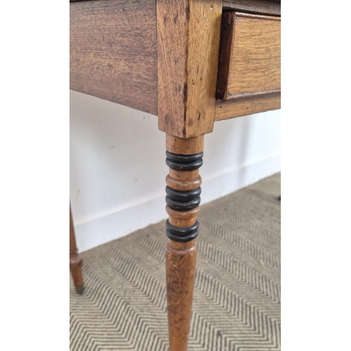 145 - WRITING TABLE, George IV mahogany and ebonised with three quarter gallery top over three frieze draw... 