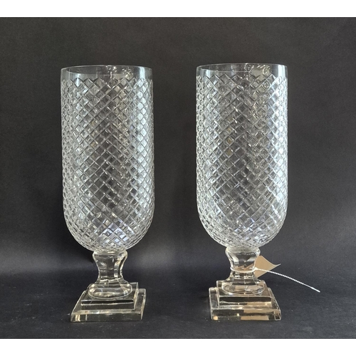 324 - HURRICANE LAMPS, a pair, diamond design cut glass, 40cm H. (2)