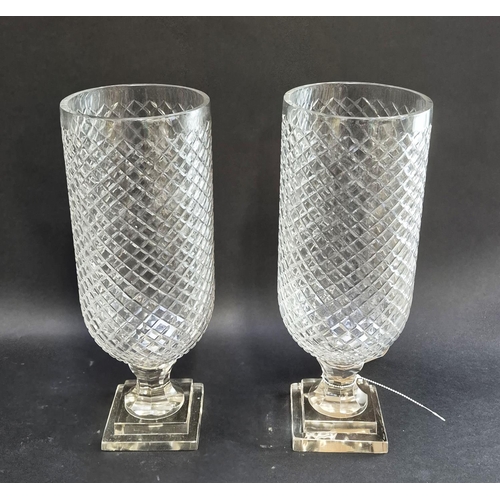 324 - HURRICANE LAMPS, a pair, diamond design cut glass, 40cm H. (2)