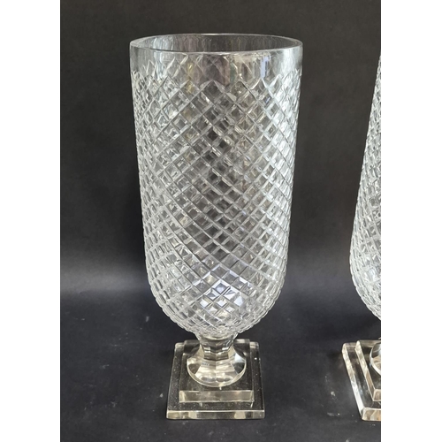 324 - HURRICANE LAMPS, a pair, diamond design cut glass, 40cm H. (2)