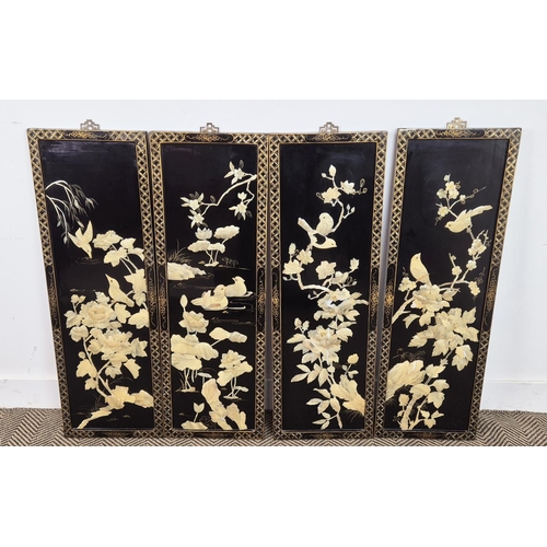 481 - PANELS, a set of four, Chinese black lacquer with applied low relief decoration, 92cm H x 31cm W. (4... 