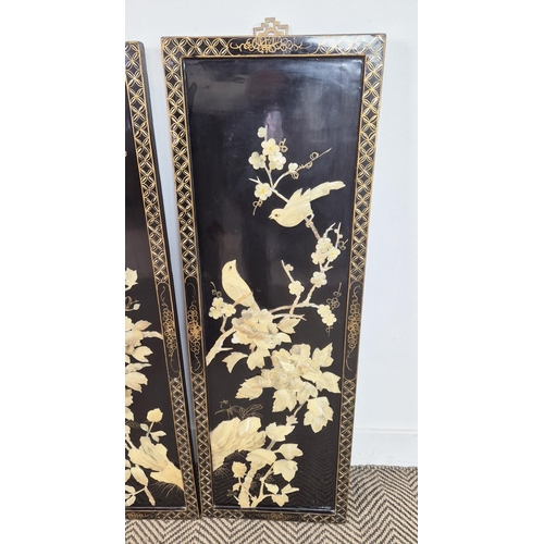 481 - PANELS, a set of four, Chinese black lacquer with applied low relief decoration, 92cm H x 31cm W. (4... 