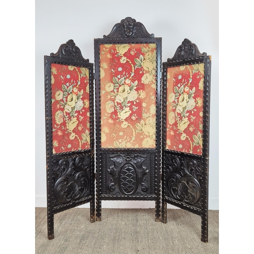 484 - SCREEN, late 19th century, three fold, with an ebonised carved frame, with the central panel, depict... 