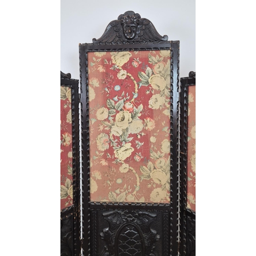 484 - SCREEN, late 19th century, three fold, with an ebonised carved frame, with the central panel, depict... 