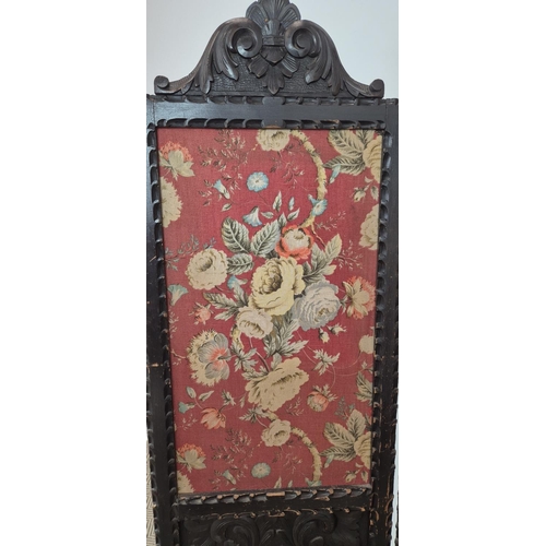 484 - SCREEN, late 19th century, three fold, with an ebonised carved frame, with the central panel, depict... 