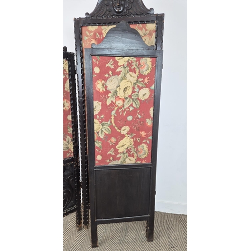 484 - SCREEN, late 19th century, three fold, with an ebonised carved frame, with the central panel, depict... 