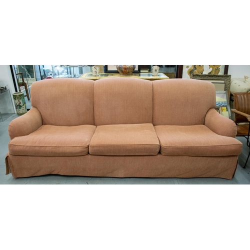 492 - KINGCOME HOWARD STYLE SOFA, pink terracotta chenille, 89cm H x 242cm W x 102cm D.