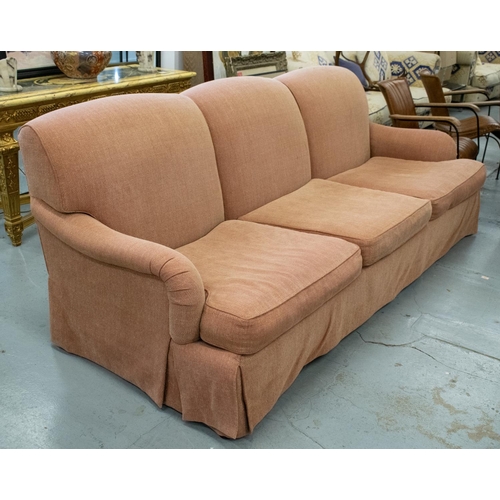 492 - KINGCOME HOWARD STYLE SOFA, pink terracotta chenille, 89cm H x 242cm W x 102cm D.