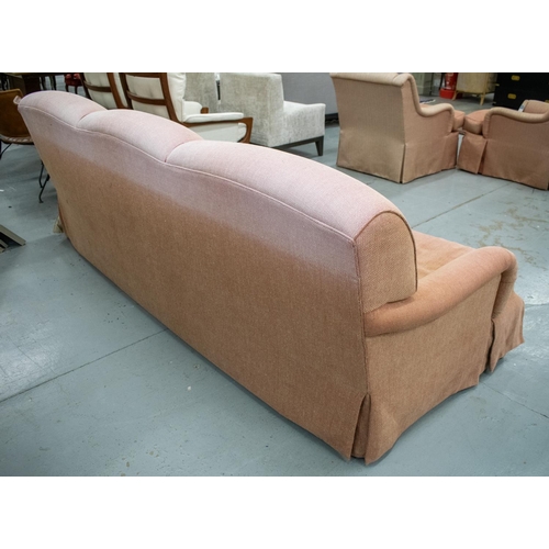 492 - KINGCOME HOWARD STYLE SOFA, pink terracotta chenille, 89cm H x 242cm W x 102cm D.