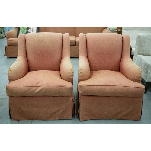 493 - ARMCHAIRS, a pair, salmon pink patterned upholstery, 84cm H x 72cm W x 97cm D. (2)