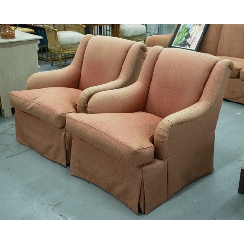 493 - ARMCHAIRS, a pair, salmon pink patterned upholstery, 84cm H x 72cm W x 97cm D. (2)