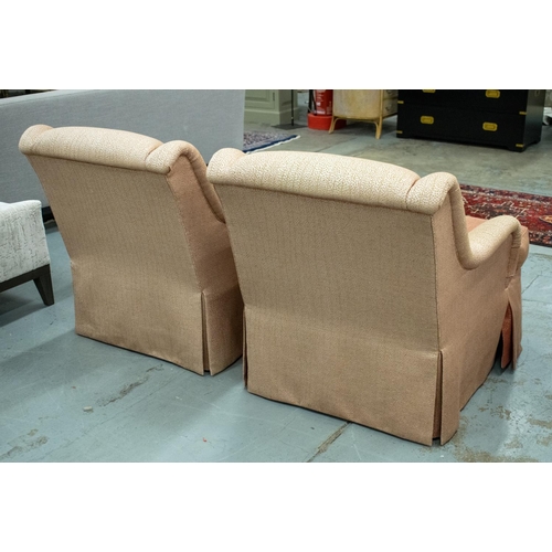 493 - ARMCHAIRS, a pair, salmon pink patterned upholstery, 84cm H x 72cm W x 97cm D. (2)